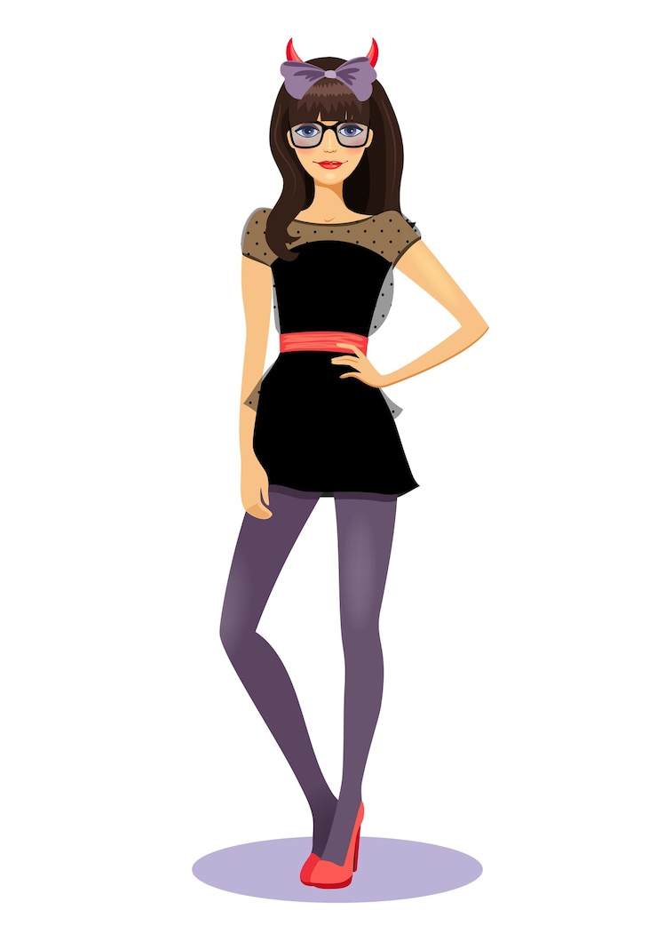Free Vector cute sassy sexy bad girl with horns and long brunette hair wearing glasses standing in a black mini skirt and stilettos with her hand on her hip in a seductive pose  vector illustration on white