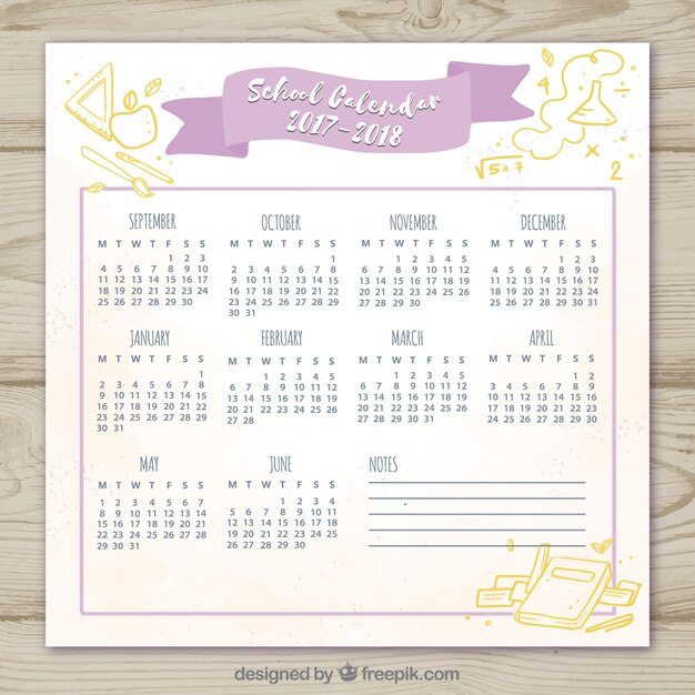 cute school calendar with golden sketches