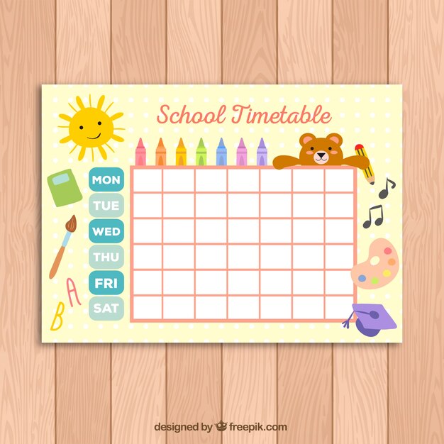 Cute school timetable template for kids