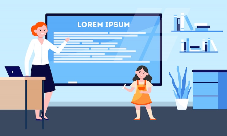 Free Vector cute schoolgirl giving report at class blackboard