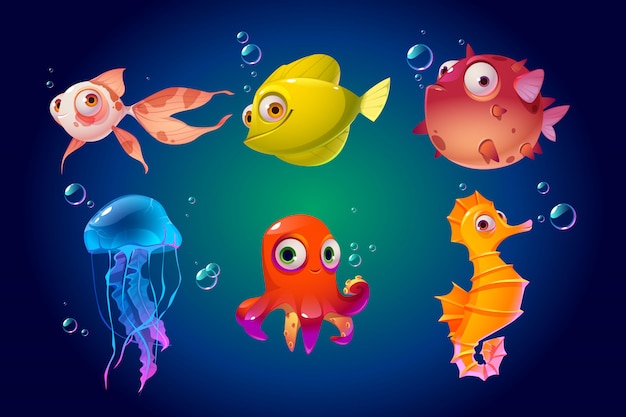 Vettore gratuito simpatici animali marini, pesci, polpi, meduse, pesce palla