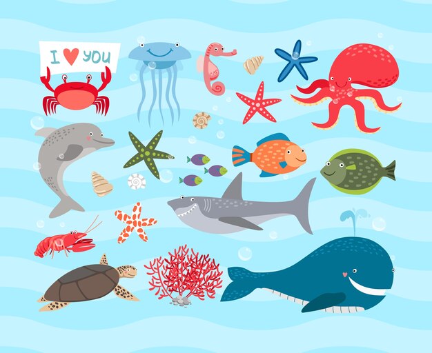 cute sea animals illustration set