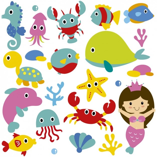 Free vector cute sea animals and mermaid