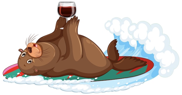 Cute sea lion on surfboard drinking red wine