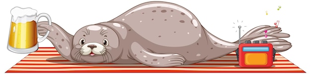 Free vector cute seal drinking beer listening on radio