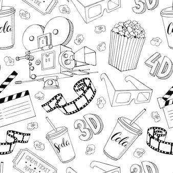 映画の属性のかわいいシームレスパターン 手描きイラスト プレミアムベクター 映画の属性のかわいいシームレスパターン 手描きイラスト プレミアムベクター