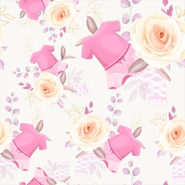 Free vector cute seamless pattern with baby stuff and beautiful floral