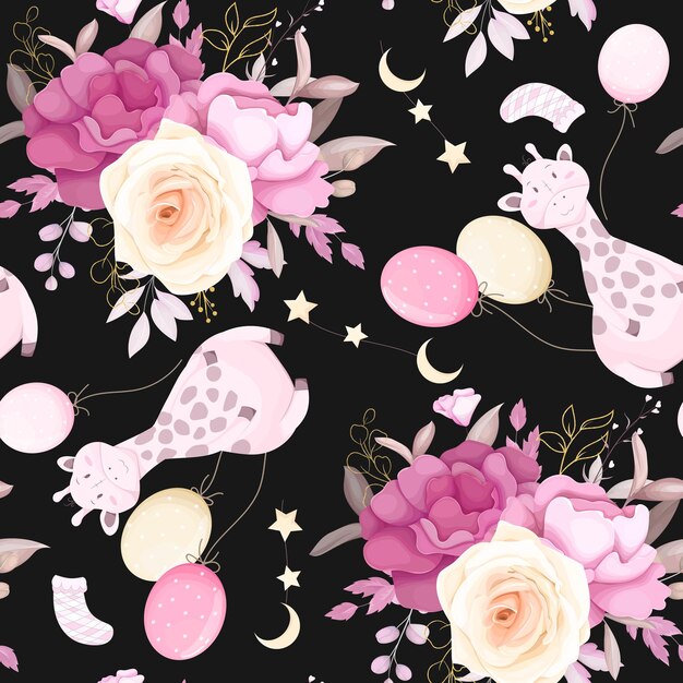 cute seamless pattern with baby stuff and beautiful floral