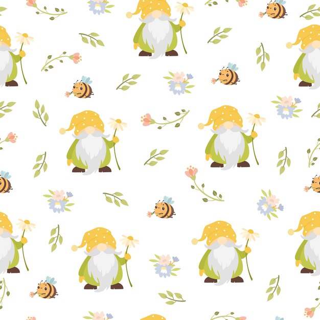 Free vector cute seamless pattern with gnomes and bees