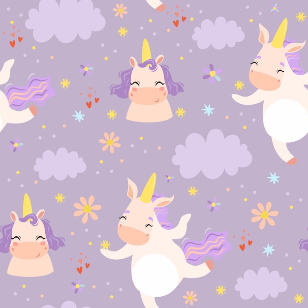 Cute seamless pattern with unicorns in the clouds