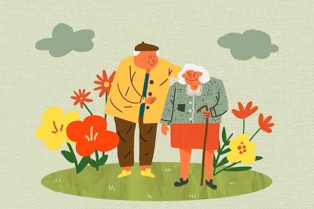 Cute senior couple walking in garden, character illustration in retro design vector