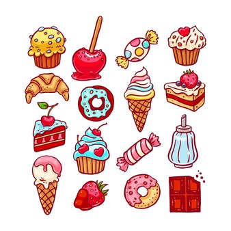 Cute set of different desserts. hand-drawn illustration