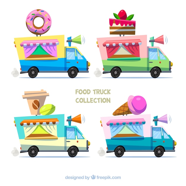 Free vector cute set of sweet food trucks