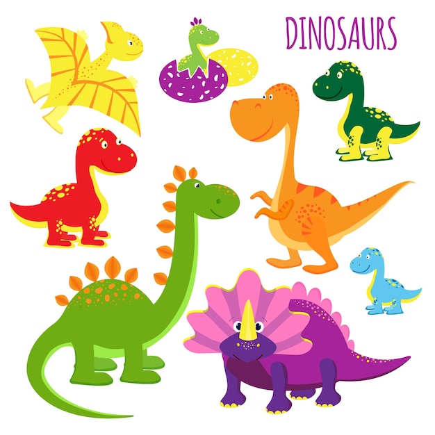 白でさまざまな種のクリップアートを示す子供のための鮮やかな色の鮮やかな漫画の赤ちゃん恐竜のベクトルアイコンのかわいいセット