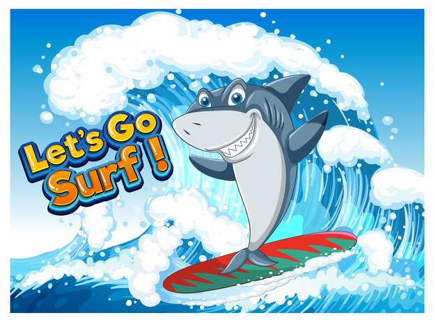 Free vector cute shark cartoon character surfing ocean scene