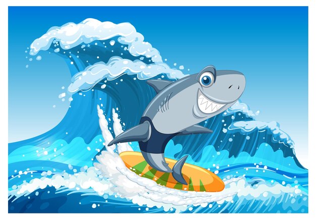 Cute shark cartoon character surfing ocean scene