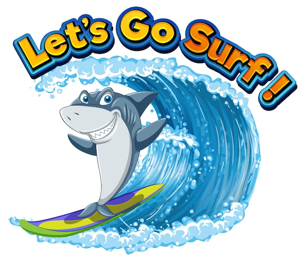 Free vector cute shark cartoon character surfing