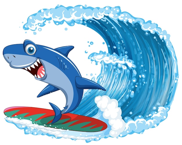 Free vector cute shark cartoon character surfing