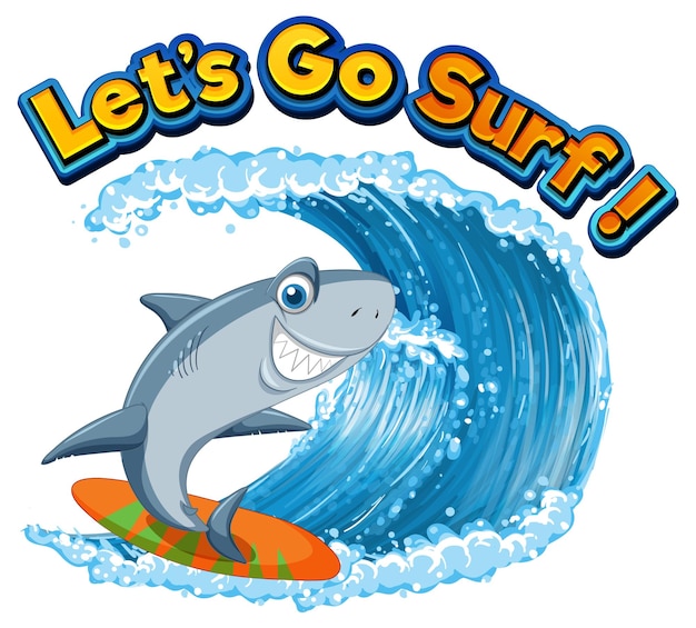 Free vector cute shark cartoon character surfing