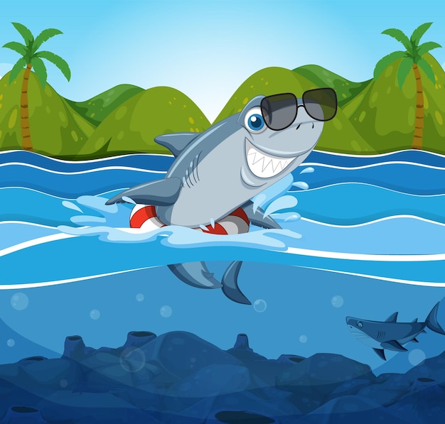 Free vector cute shark cartoon character swimming in the sea