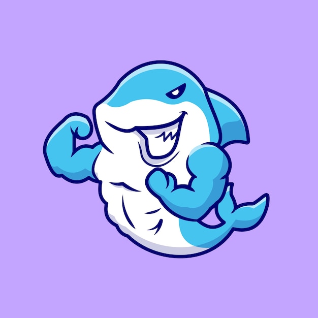 Cute shark muscular cartoon vector icon illustration. animal\
sport icon concept isolated flat