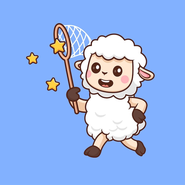 Cute sheep catching star with fishing net cartoon vector icon illustration animal nature isolated