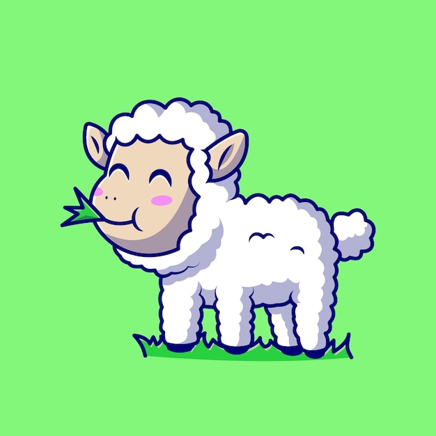 かわいい羊が草を食べる漫画のキャラクター。動物の羊が分離されました。
