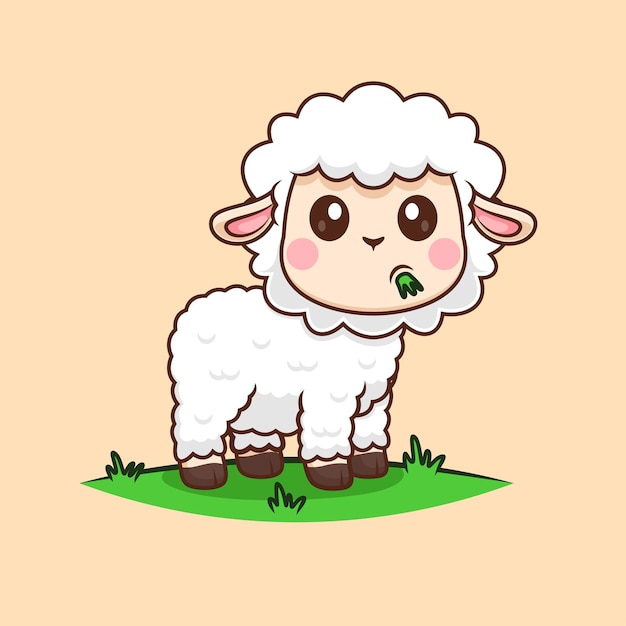 Cute Sheep Eating Grass Cartoon Vector Icon Illustration Animal Nature Icon Concept Isolated Flat