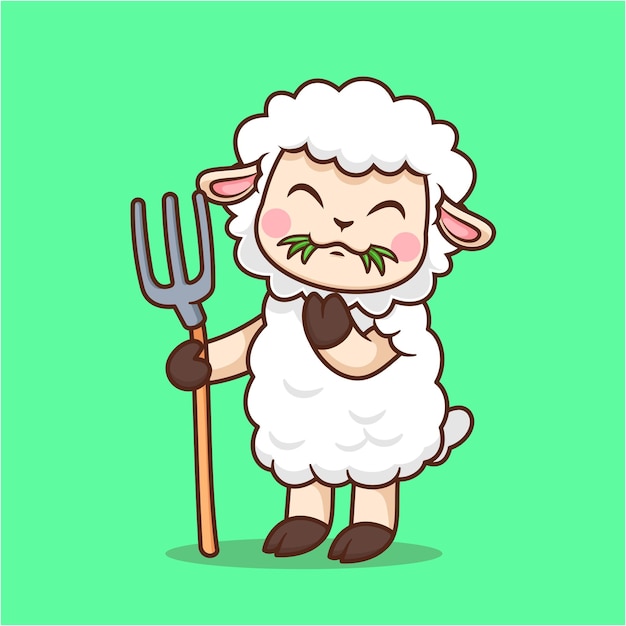 Free vector cute sheep eating grass with pitchfork cartoon vector icon illustration animal nature isolated flat