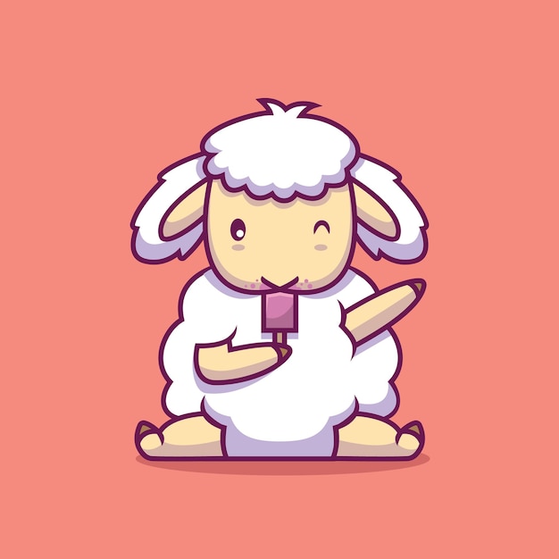 かわいい羊がアイスクリームを食べる漫画イラスト プレミアムベクター