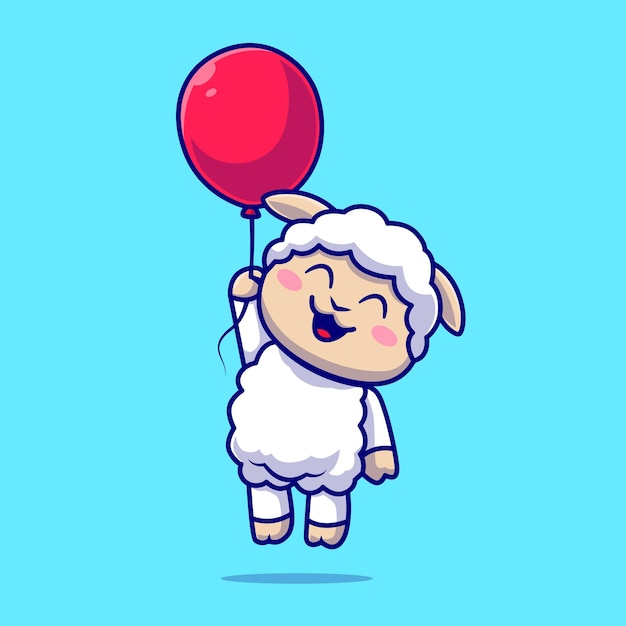 Cute Sheep Floating With Balloon Cartoon Vector Icon Illustration. Animal Nature Icon Isolated Flat