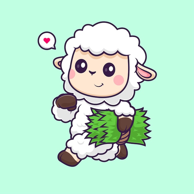 Vettore gratuito cute sheep running and holding grass cartoon vector icon illustration icona della natura animale isolata