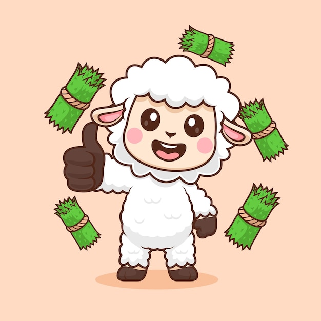 Free vector cute sheep thumbs up with grass cartoon vector icon illustration animal nature icon isolated flat