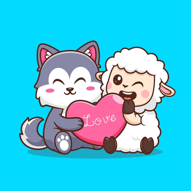 Free vector cute sheep and wolf holding love balloon cartoon vector icon illustration animal holiday isolated