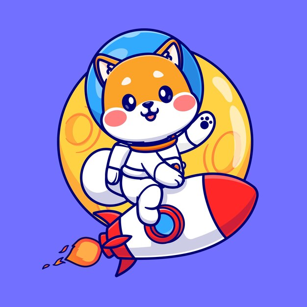 귀여운 Shiba Inu 우주 비행사 달 공간에서 로켓을 타고 만화 벡터 아이콘 그림 과학 동물