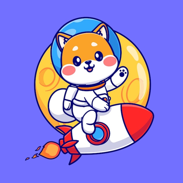 月の宇宙でロケットに乗るかわいい柴犬宇宙飛行士漫画ベクトルアイコンイラスト科学動物