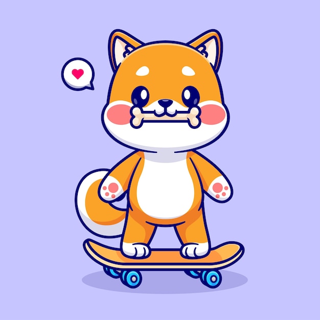 Cute Shiba Inu Bite Bone On Skateboard Cartoon Vector Icon Illustration Animal Sport Icon Isolated