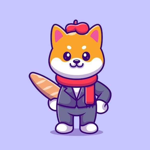 Free vector cute shiba inu dog artist holding bread cartoon vector icon illustration animal food isolated flat