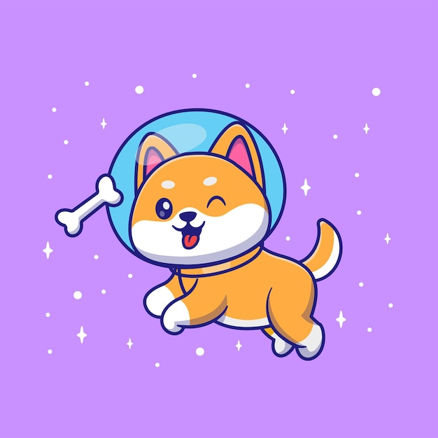Бесплатное векторное изображение Милая собака шиба ину астронавт, плавающий с костью в космосе карикатура векторная икона иллюстрация животное