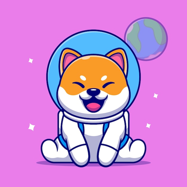 かわいい柴犬犬宇宙飛行士座っている漫画アイコンイラスト。