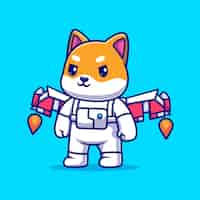 無料ベクター かわいい柴犬犬宇宙飛行士ロケット翼漫画ベクトル アイコン イラスト動物科学のアイコン