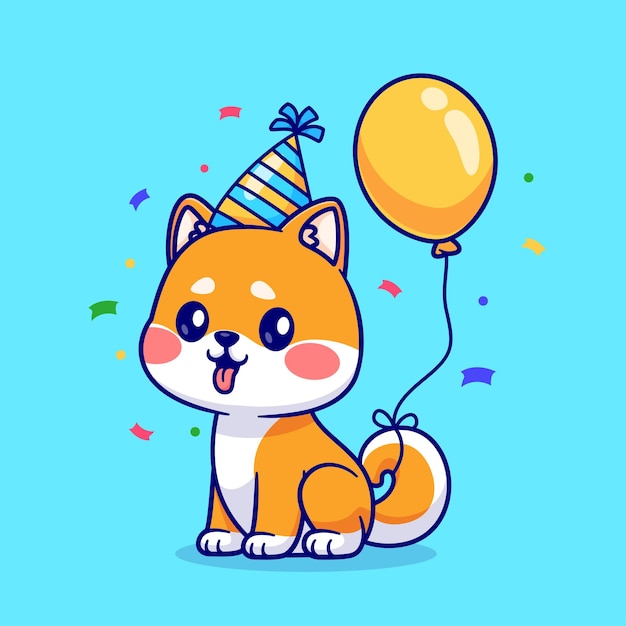 Cute Shiba Inu Dog Birthday Party With Balloon Cartoon Vector Icon Illustration Animal Holiday Icon