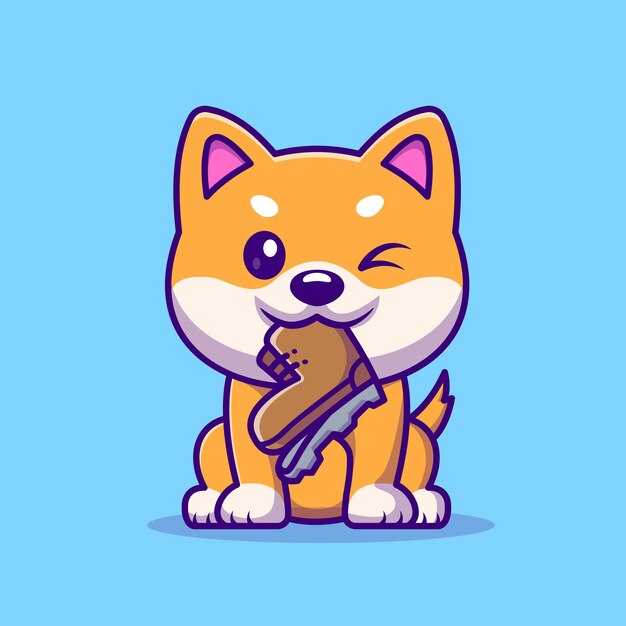 귀여운 Shiba Inu 개 물린 신발 만화 벡터 아이콘 그림 동물 자연 아이콘 개념 절연