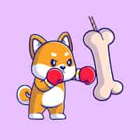 Free vector cute shiba inu dog boxing bone cartoon vector icon illustration. animal sport icon isolated flat