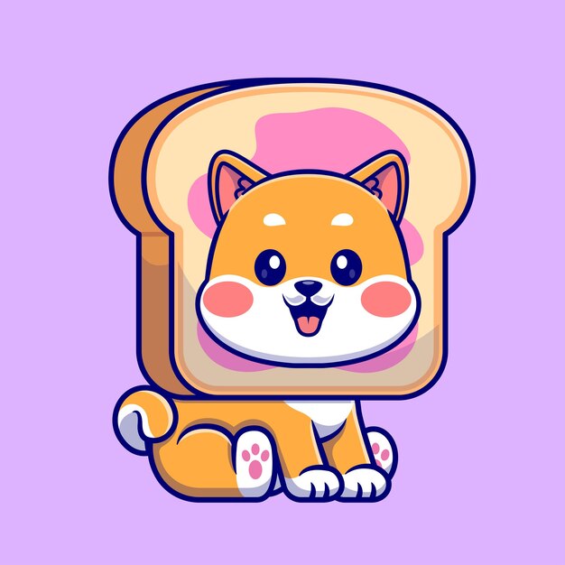 귀여운 Shiba Inu Dog In Bread 만화 터 아이콘 일러스트레이션 동물 음식 아이콘 고립된 평평한 터
