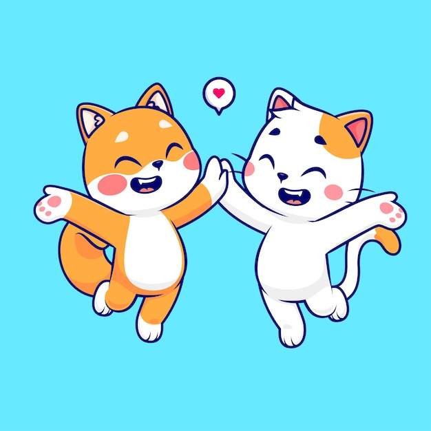 Free vector cute shiba inu dog and cat high five cartoon vector icon illustration animal nature icon isolated