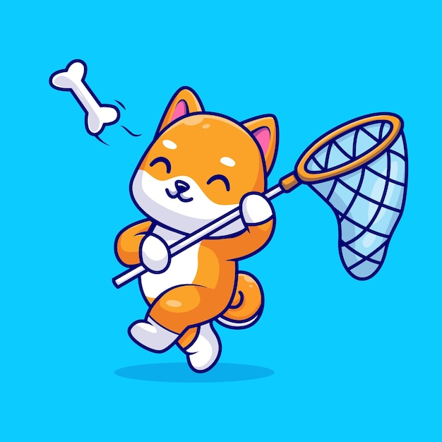 Free vector cute shiba inu dog catching bone with fishing net cartoon vector icon illustration. animal nature