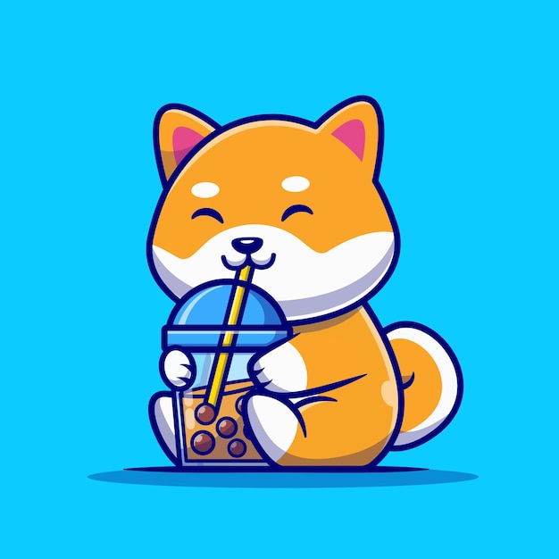 귀여운 shiba inu dog drink milk tea boba cartoon