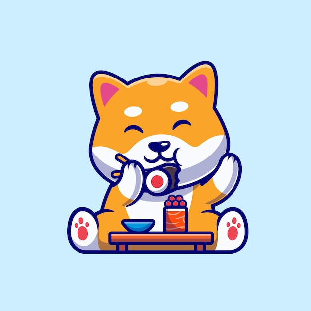 Free vector cute shiba inu dog eating sushi cartoon