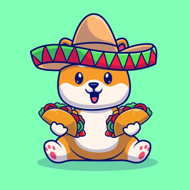 Cute Shiba Inu Dog Eating Tacos With Sombreno Hat Cartoon Vector Icon Illustration Animal Food Icon